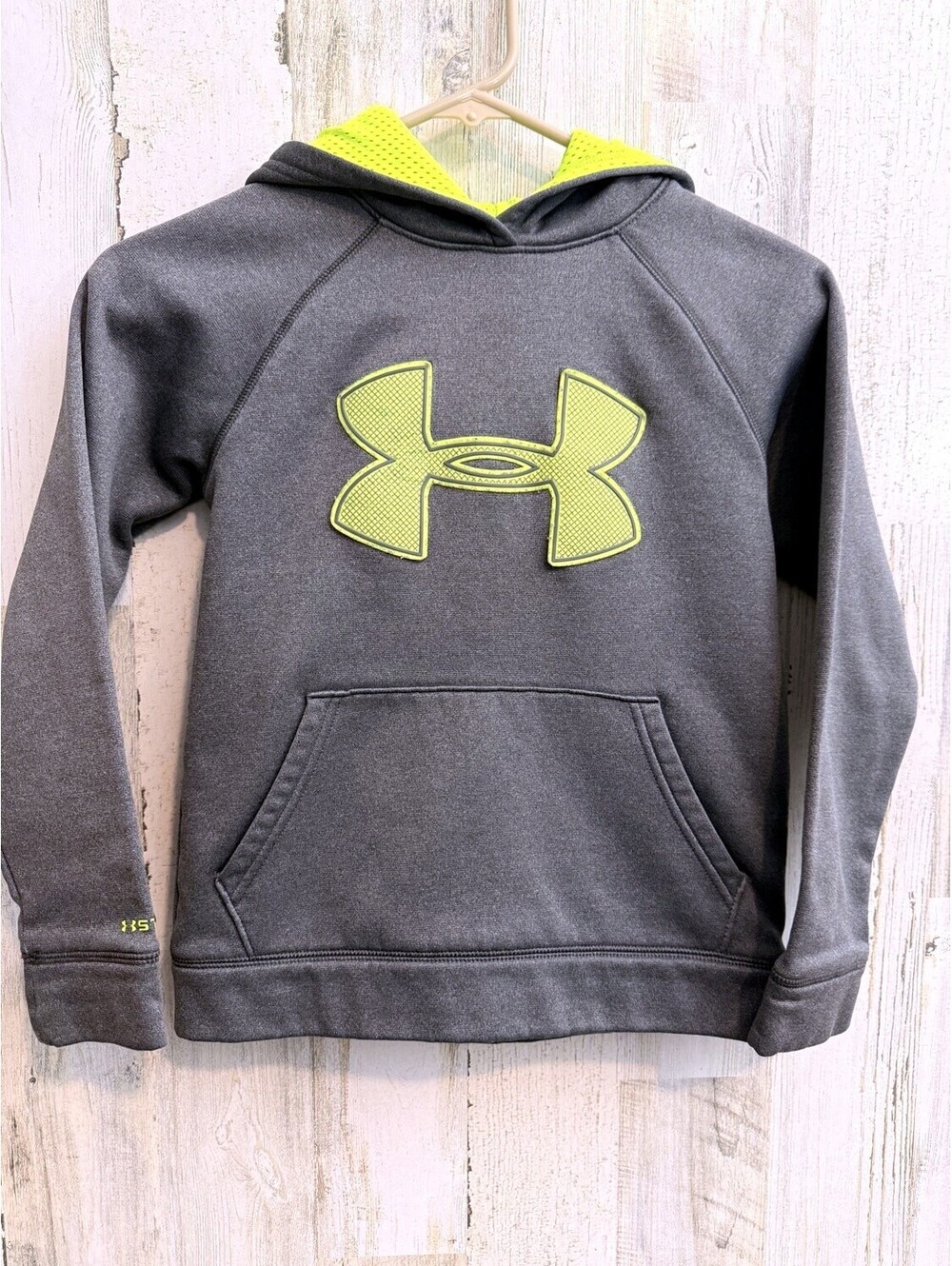 Under Armour Youth Gray Pullover Hoodie YSM Neon Logo Pocket UA Storm